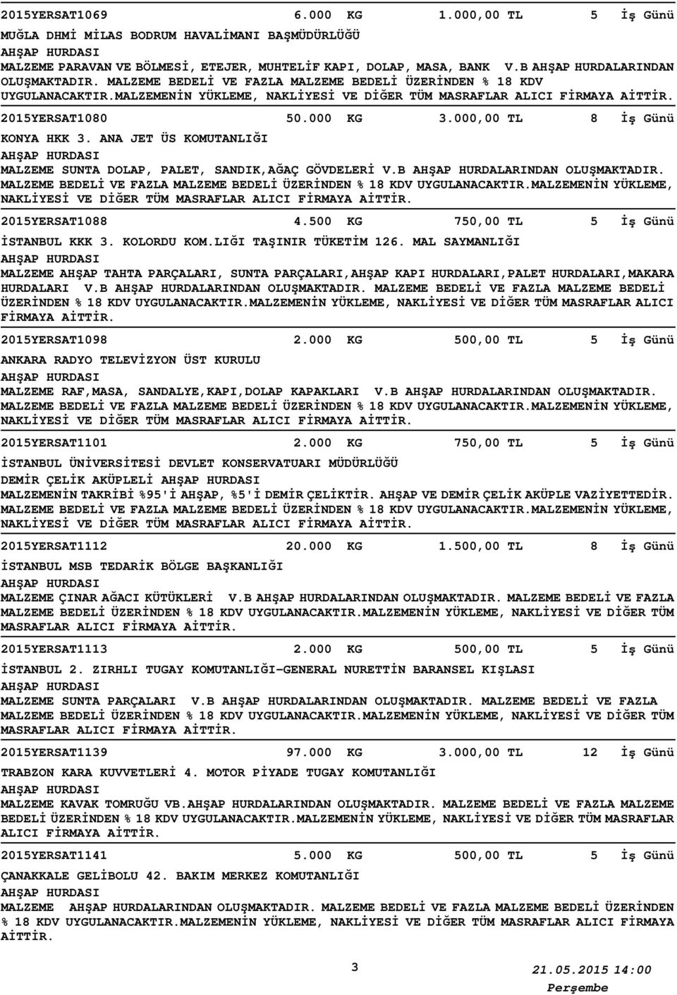 ANA JET ÜS KOMUTANLIĞI MALZEME SUNTA DOLAP, PALET, SANDIK,AĞAÇ GÖVDELERİ V.B AHŞAP HURDALARINDAN OLUŞMAKTADIR. NAKLİYESİ VE DİĞER TÜM MASRAFLAR ALICI FİRMAYA 2015YERSAT1088 4.500 KG İSTANBUL KKK 3.