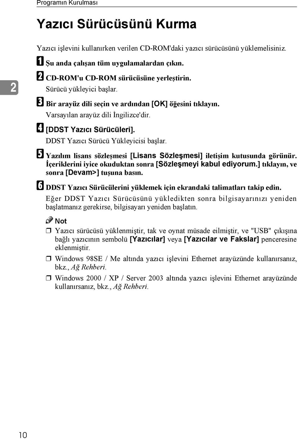 DDST Yazıcı Sürücü Yükleyicisi başlar. E Yazılım lisans sözleşmesi [Lisans Sözleşmesi] iletişim kutusunda görünür. İçeriklerini iyice okuduktan sonra [Sözleşmeyi kabul ediyorum.