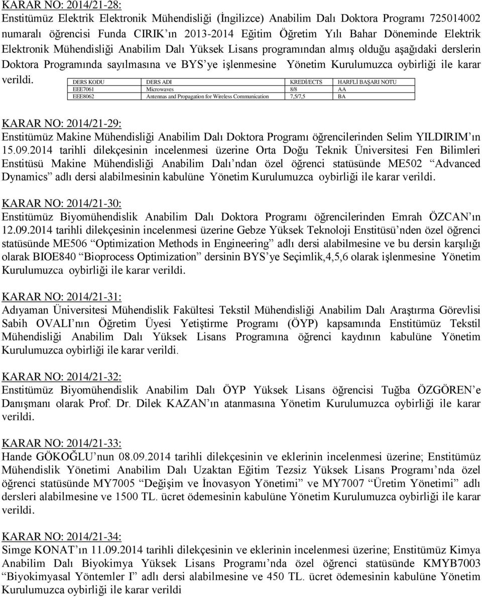 karar DERS KODU DERS ADI KREDİ/ECTS HARFLİ BAŞARI NOTU EEE7061 Microwaves 8/8 AA EEE8062 Antennas and Propagation for Wireless Communication 7,5/7,5 BA KARAR NO: 2014/21-29: Enstitümüz Makine