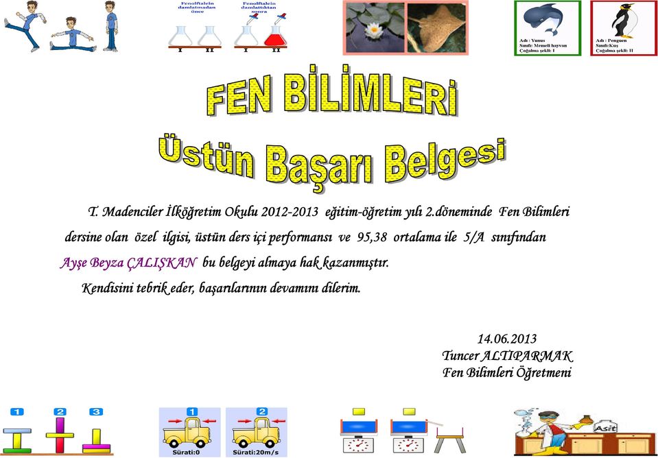 95,38 ortalama ile 5/A sınıfından Ayşe Beyza ÇALIŞKAN bu belgeyi almaya hak