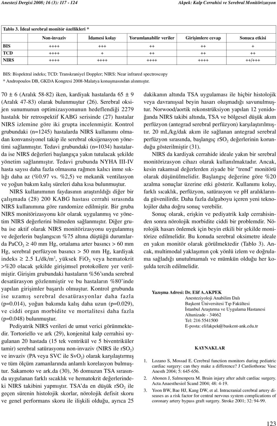 Bispektral indeks; TCD: Transkraniyel Doppler; NIRS: Near infrared spectroscopy * Andropoulos DB, GKDA Kongresi 2008-Malatya konuflmas ndan al nm flt r.