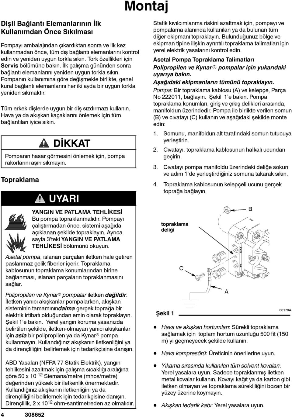 Pompanın kullanımına göre değişmekle birlikte, genel kural bağlantı elemanlarını her ikiayda bir uygun torkla yeniden sıkmaktır. Tüm erkek dişlerde uygun bir diş sızdırmazı kullanın.