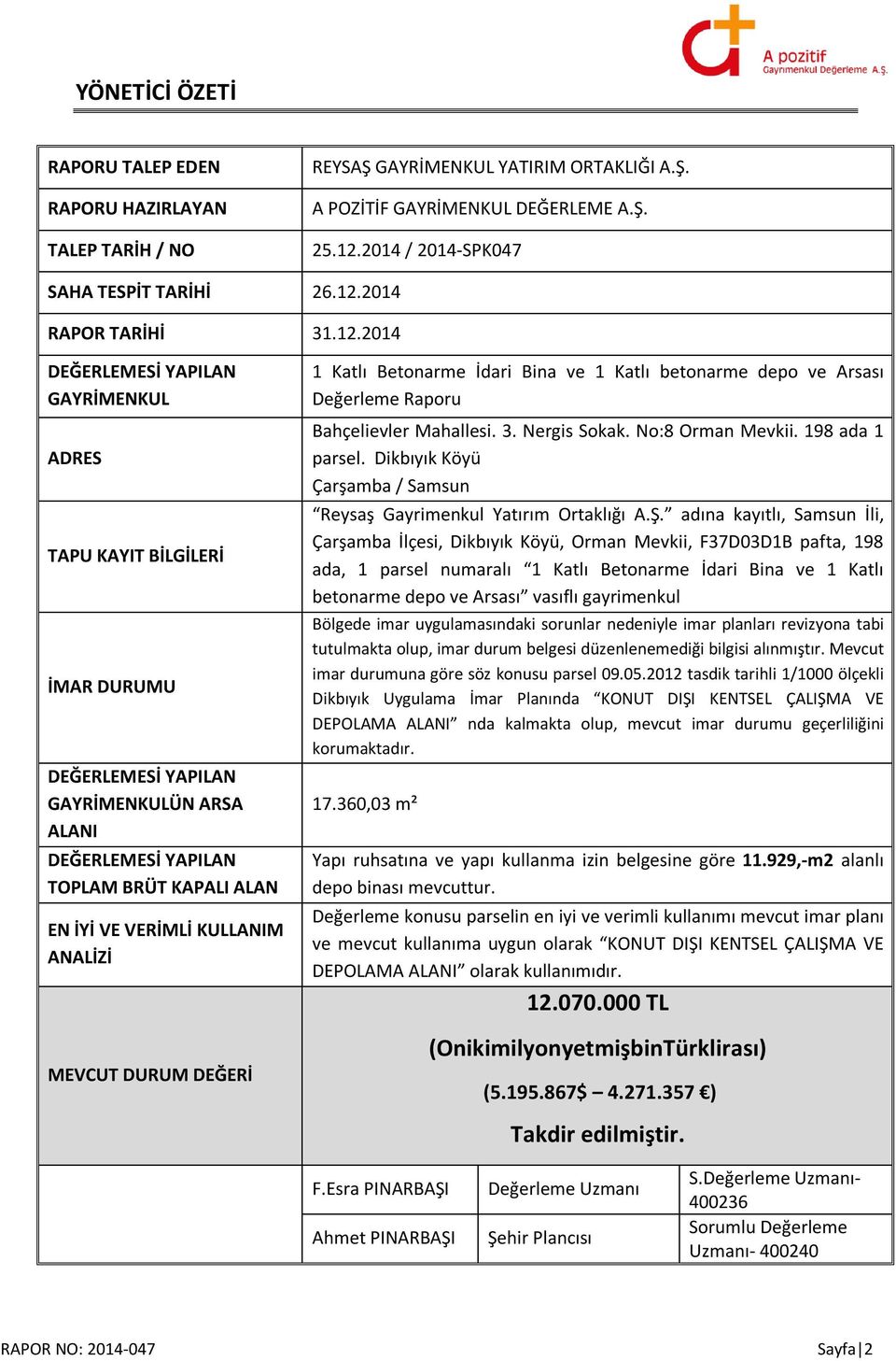 ANALİZİ MEVCUT DURUM DEĞERİ 1 Katlı Betonarme İdari Bina ve 1 Katlı betonarme depo ve Arsası Değerleme Raporu Bahçelievler Mahallesi. 3. Nergis Sokak. No:8 Orman Mevkii. 198 ada 1 parsel.