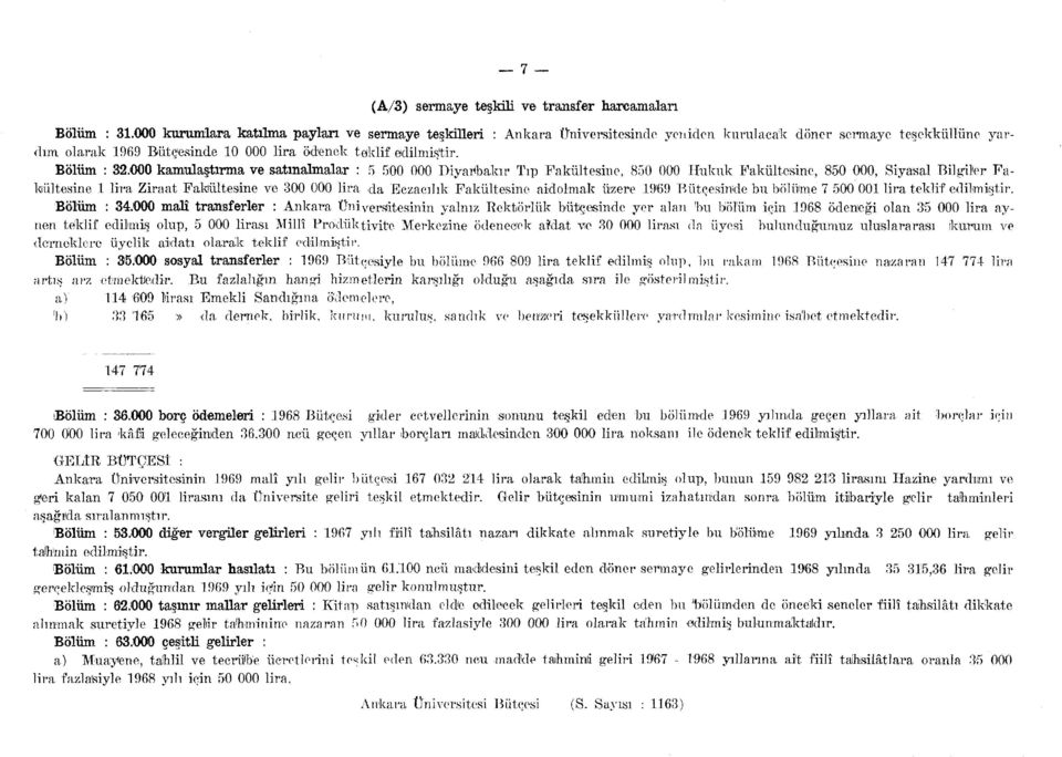 000 kamulaştırma ve satınalmalar : 5 000 Diyarbakır Tıp Fakültesine, 50 000 Hukuk Fak kültesine lira Ziraat Fakültesine ve 300 000 lira da Eczacılık Fakültesine aidlmak üzere 6 Bütçesinde bu Bölüm :