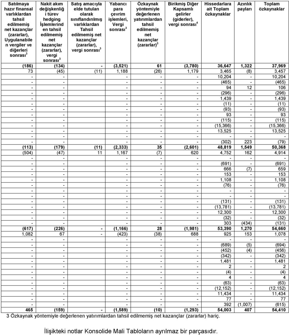 Vergi sonrası 3 Özkaynak yöntemiyle değerlenen yatırımlardan tahsil edilmemiş net kazançlar (zararlar) 3 Birikmiş Diğer Kapsamlı gelirler (giderler), vergi sonrası 4 Hissedarlara ait Toplam