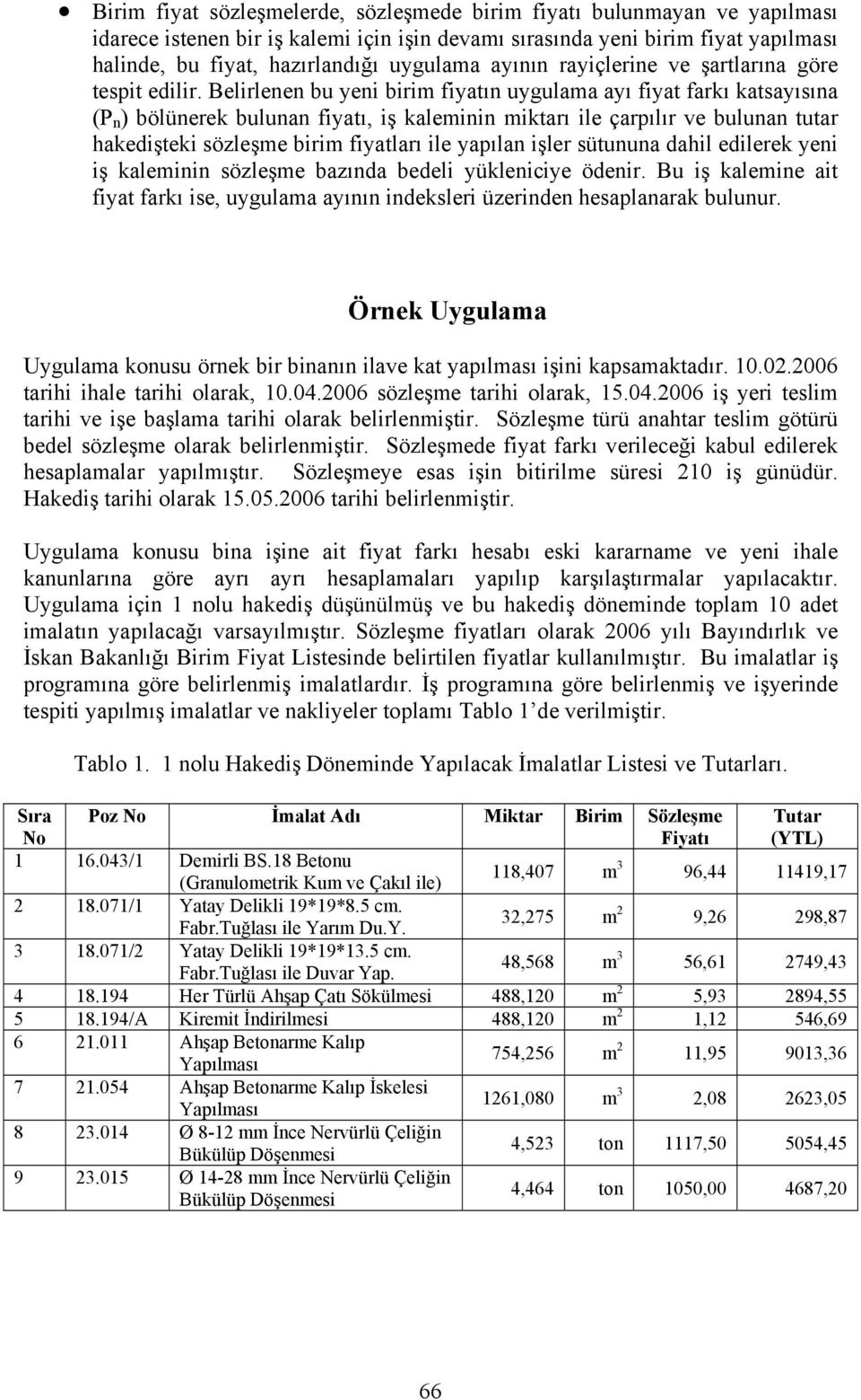 Belirlenen bu yeni birim fiyatın uygulama ayı fiyat farkı katsayısına (P n ) bölünerek bulunan fiyatı, iş kaleminin miktarı ile çarpılır ve bulunan tutar hakedişteki sözleşme birim fiyatları ile