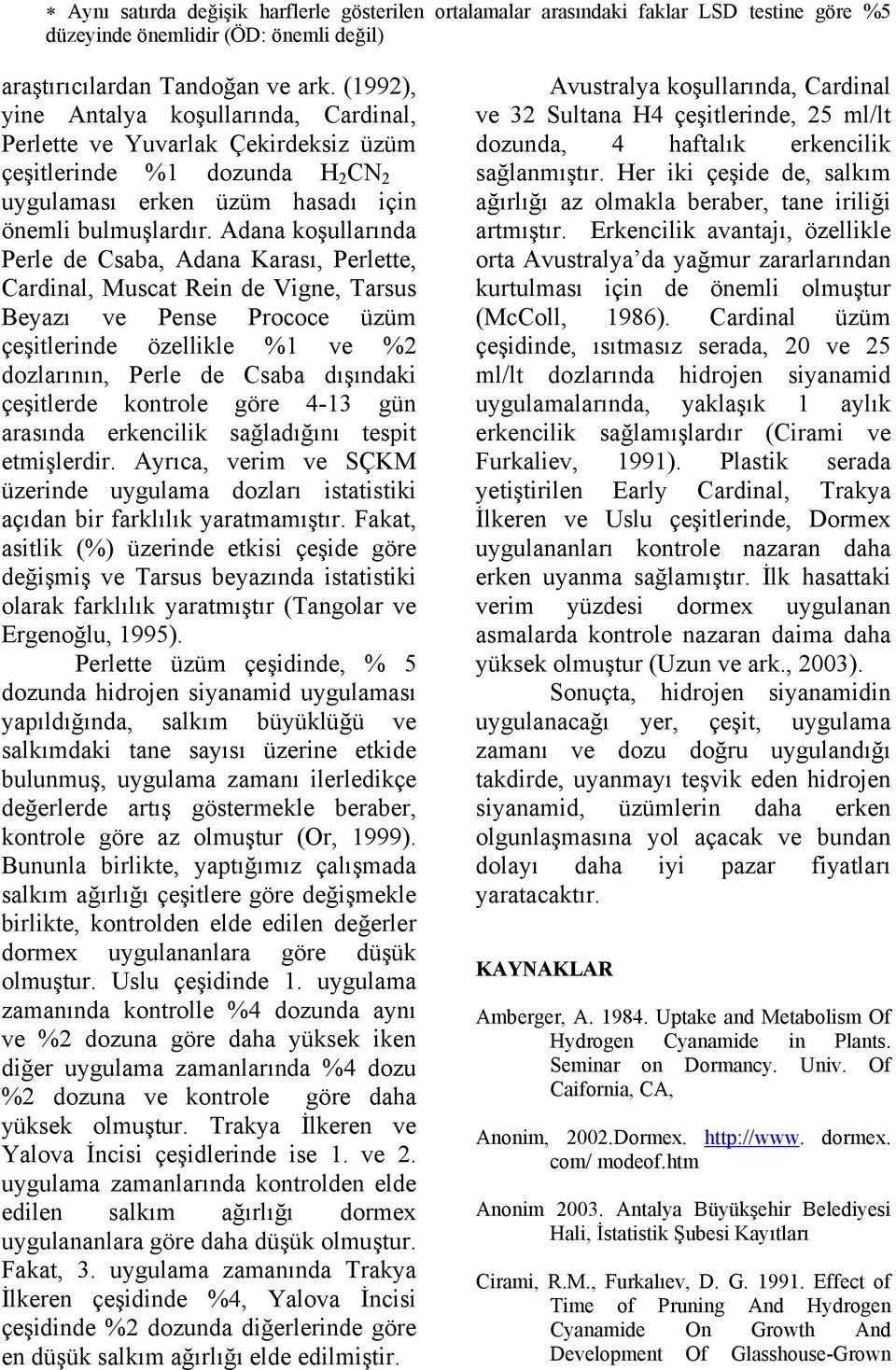 Adana koşullarında Perle de Csaba, Adana Karası, Perlette, Cardinal, Muscat Rein de Vigne, Tarsus Beyazı ve Pense Prococe üzüm çeşitlerinde özellikle %1 ve %2 dozlarının, Perle de Csaba dışındaki