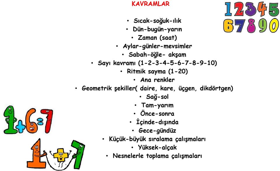 Geometrik şekiller( daire, kare, üçgen, dikdörtgen) Sağ-sol Tam-yarım Önce-sonra