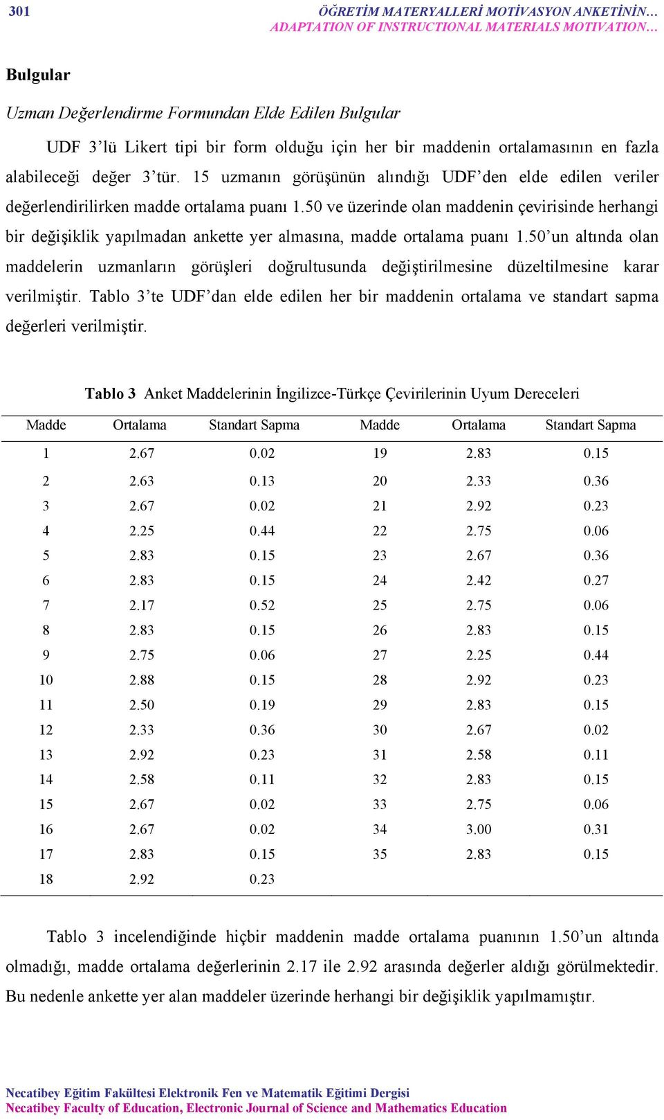 50 ve üzerinde olan maddenin çevirisinde herhangi bir değişiklik yapılmadan ankette yer almasına, madde ortalama puanı 1.