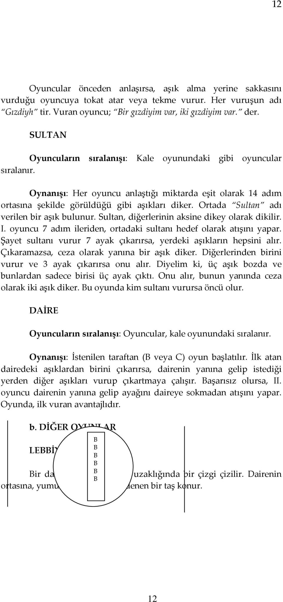 Ortada Sultan adı verilen bir aşık bulunur. Sultan, diğerlerinin aksine dikey olarak dikilir. I. oyuncu 7 adım ileriden, ortadaki sultanı hedef olarak atışını yapar.