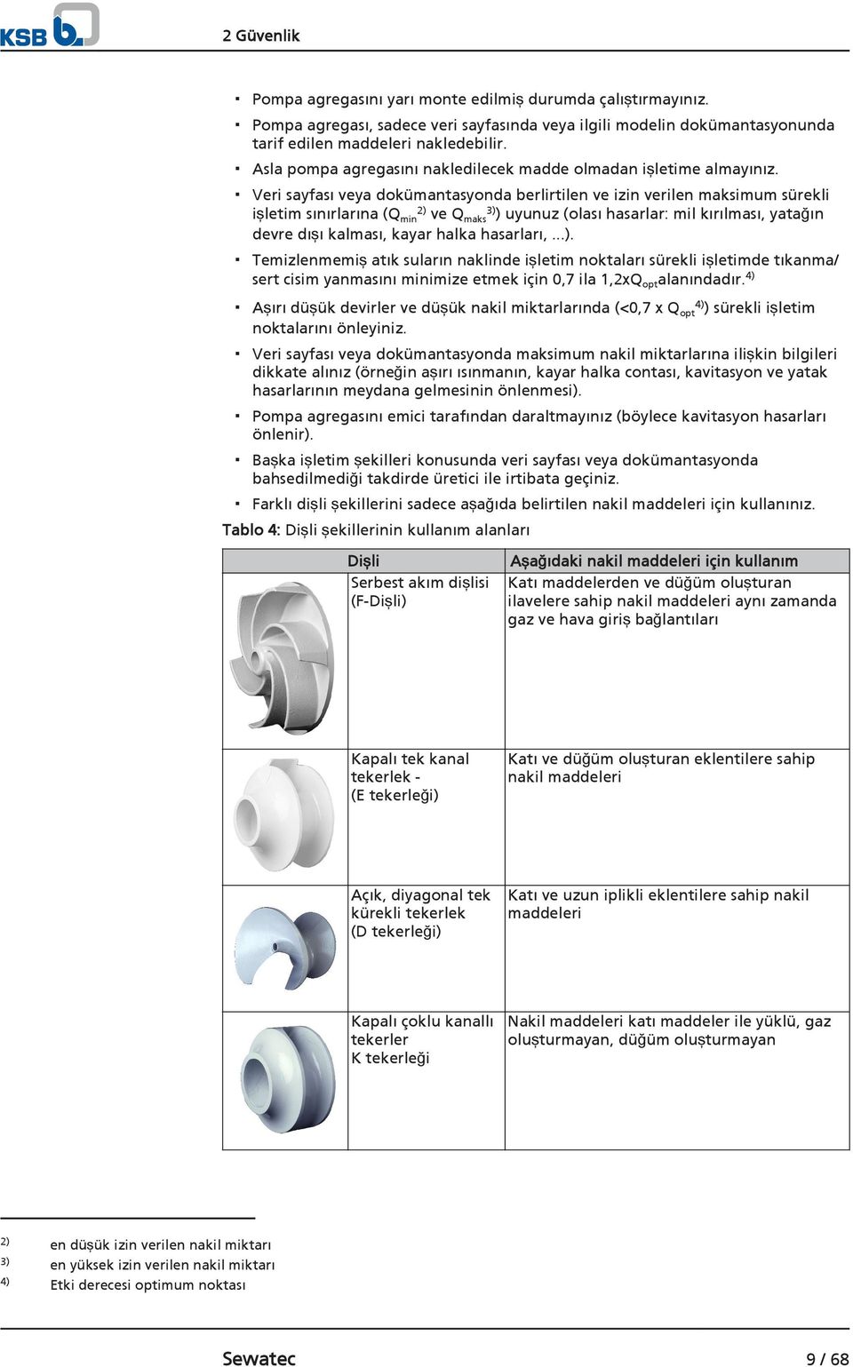 Veri sayfası veya dokümantasyonda berlirtilen ve izin verilen maksimum sürekli işletim sınırlarına (Q min 2) ve Q maks 3) ) uyunuz (olası hasarlar: mil kırılması, yatağın devre dışı kalması, kayar