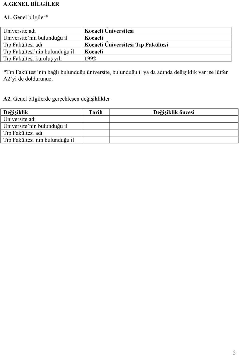 Fakültesi Tıp Fakültesi nin bulunduğu il Kocaeli Tıp Fakültesi kuruluş yılı 1992 *Tıp Fakültesi nin bağlı bulunduğu üniversite,