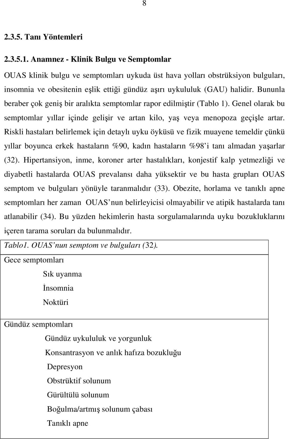 Bununla beraber çok geniş bir aralıkta semptomlar rapor edilmiştir (Tablo 1). Genel olarak bu semptomlar yıllar içinde gelişir ve artan kilo, yaş veya menopoza geçişle artar.