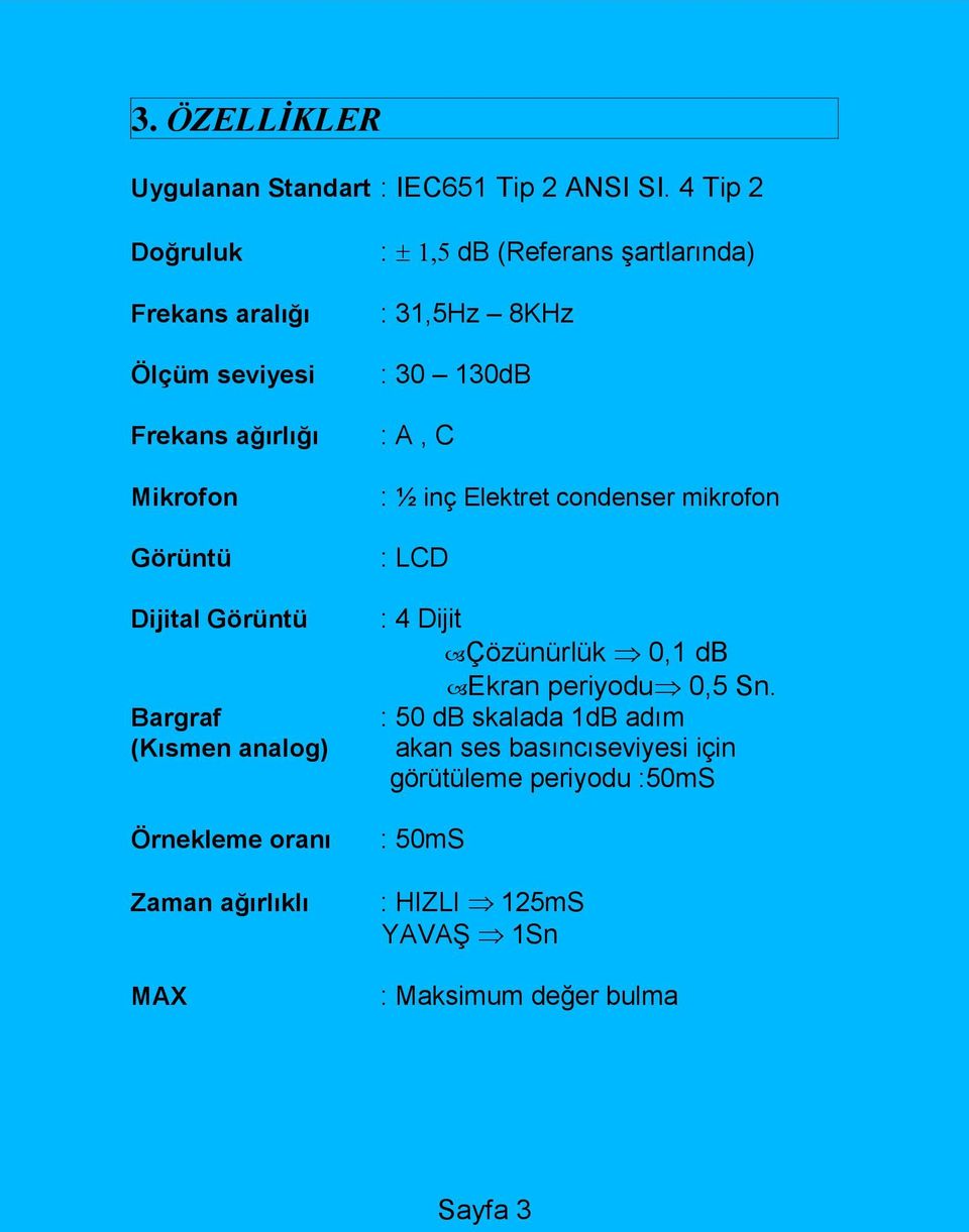 Örnekleme oranı Zaman ağırlıklı MAX : db (Referans şartlarında) : 31,5Hz 8KHz : 30 130dB : A, C : ½ inç Elektret condenser