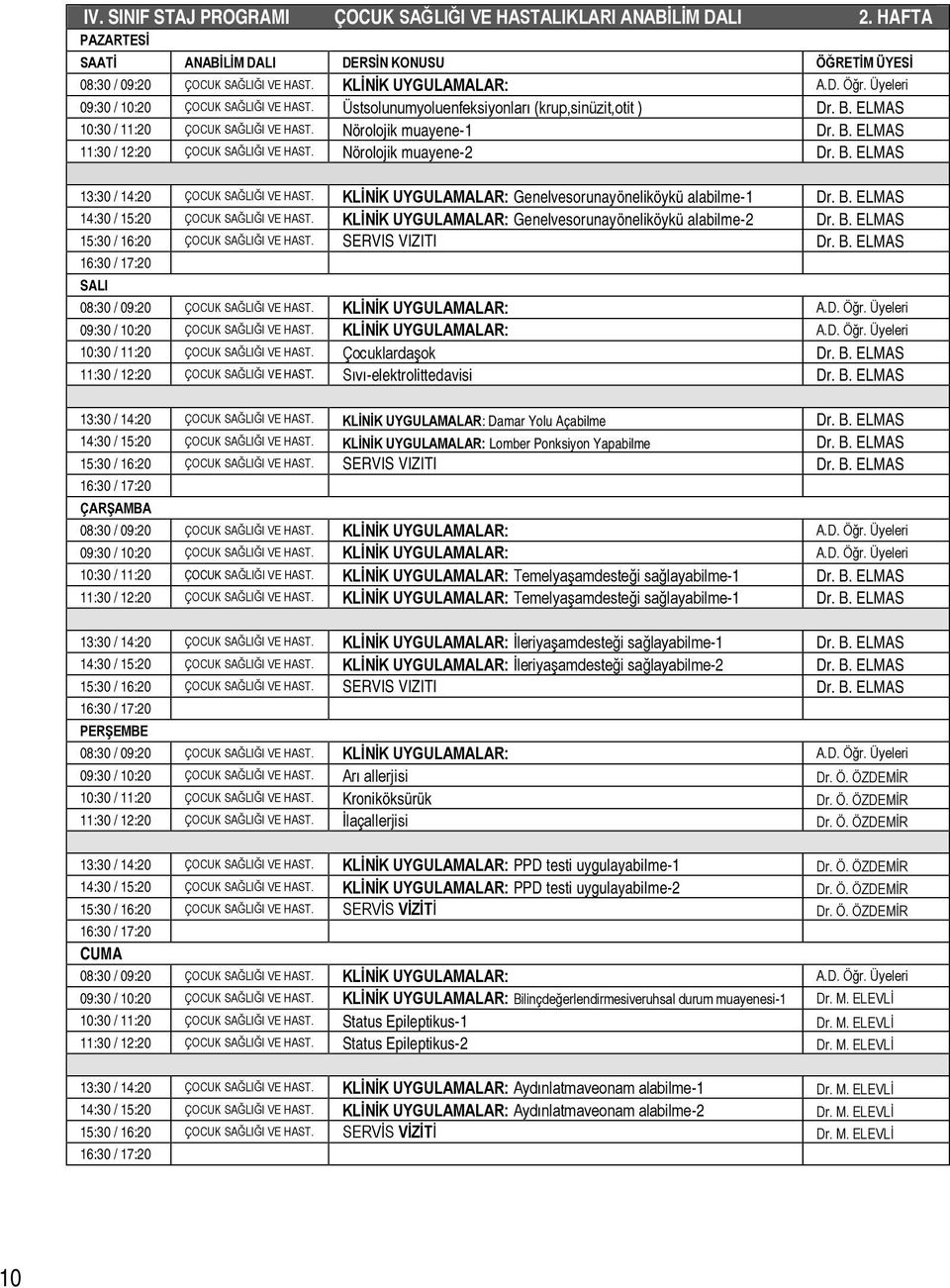 KLİNİK UYGULAMALAR: Genelvesorunayöneliköykü alabilme-1 Dr. B. ELMAS 14:30 / 15:20 ÇOCUK SAĞLIĞI VE HAST. KLİNİK UYGULAMALAR: Genelvesorunayöneliköykü alabilme-2 Dr. B. ELMAS 15:30 / 16:20 ÇOCUK SAĞLIĞI VE HAST.