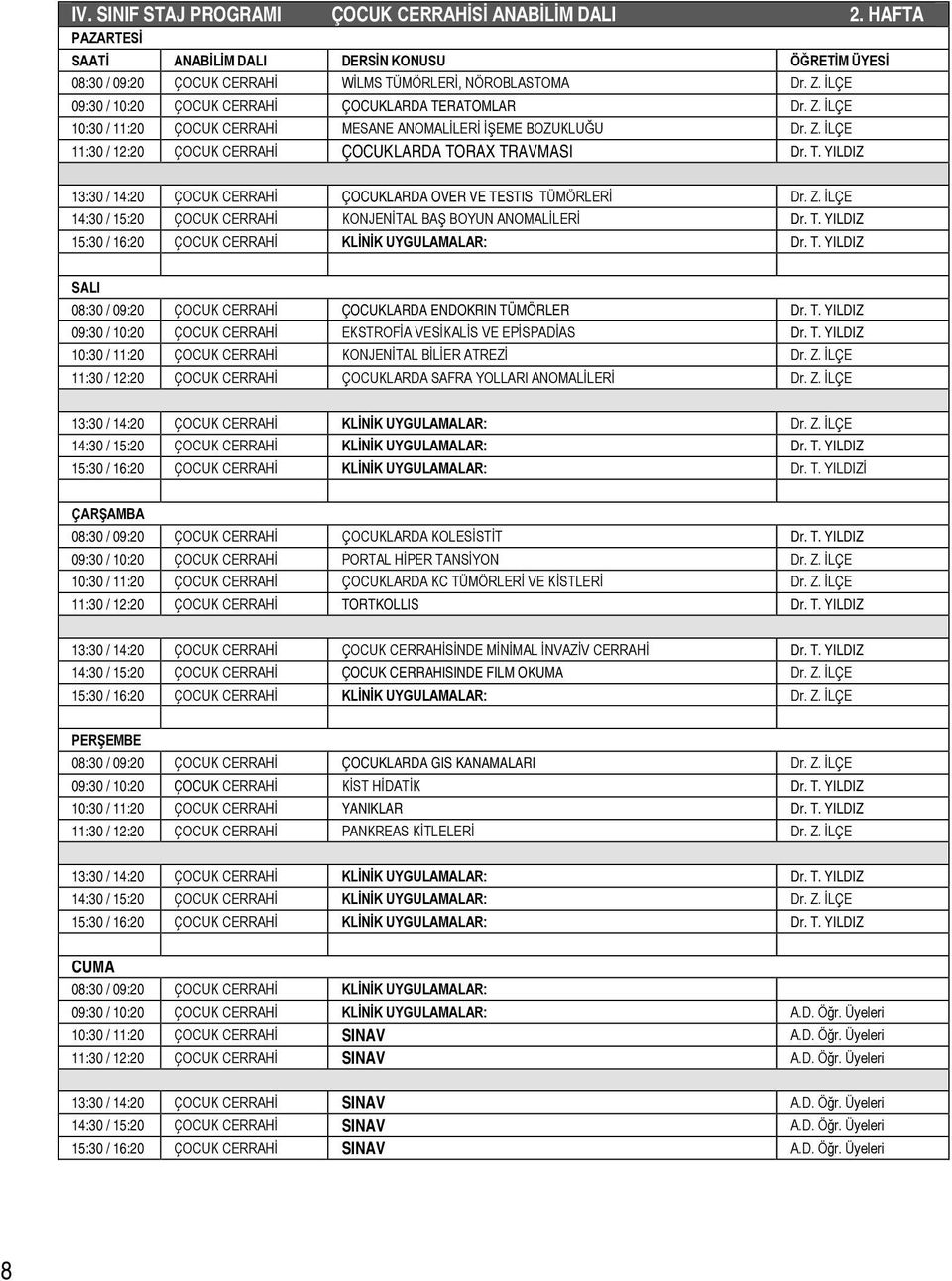 İLÇE 14:30 / 15:20 ÇOCUK CERRAHİ KONJENİTAL BAŞ BOYUN ANOMALİLERİ Dr. T. YILDIZ 15:30 / 16:20 ÇOCUK CERRAHİ KLİNİK UYGULAMALAR: Dr. T. YILDIZ 08:30 / 09:20 ÇOCUK CERRAHİ ÇOCUKLARDA ENDOKRIN TÜMÖRLER Dr.