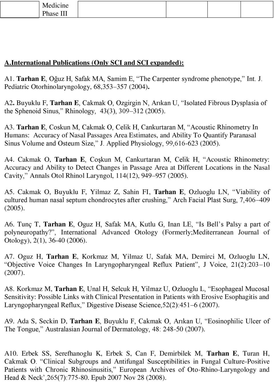 Tarhan E, Coskun M, Cakmak O, Celik H, Cankurtaran M, Acoustic Rhinometry In Humans: Accuracy of Nasal Passages Area Estimates, and Ability To Quantify Paranasal Sinus Volume and Osteum Size, J.