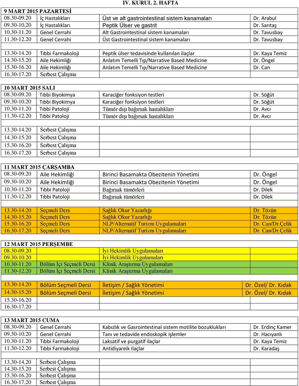 20 Tıbbi Farmakoloji Peptik ülser tedavisinde kullanılan ilaçlar Dr. Kaya Temiz 14.30-15.20 Aile Hekimliği Anlatım Temelli Tıp/Narrative Based Medicine Dr.