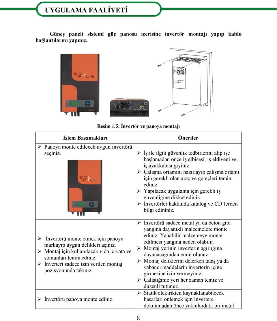 Montaj için kullanılacak vida, cıvata ve somunları temin ediniz. İnverteri sadece izin verilen montaj pozisyonunda takınız. İnvertörü panoya monte ediniz.