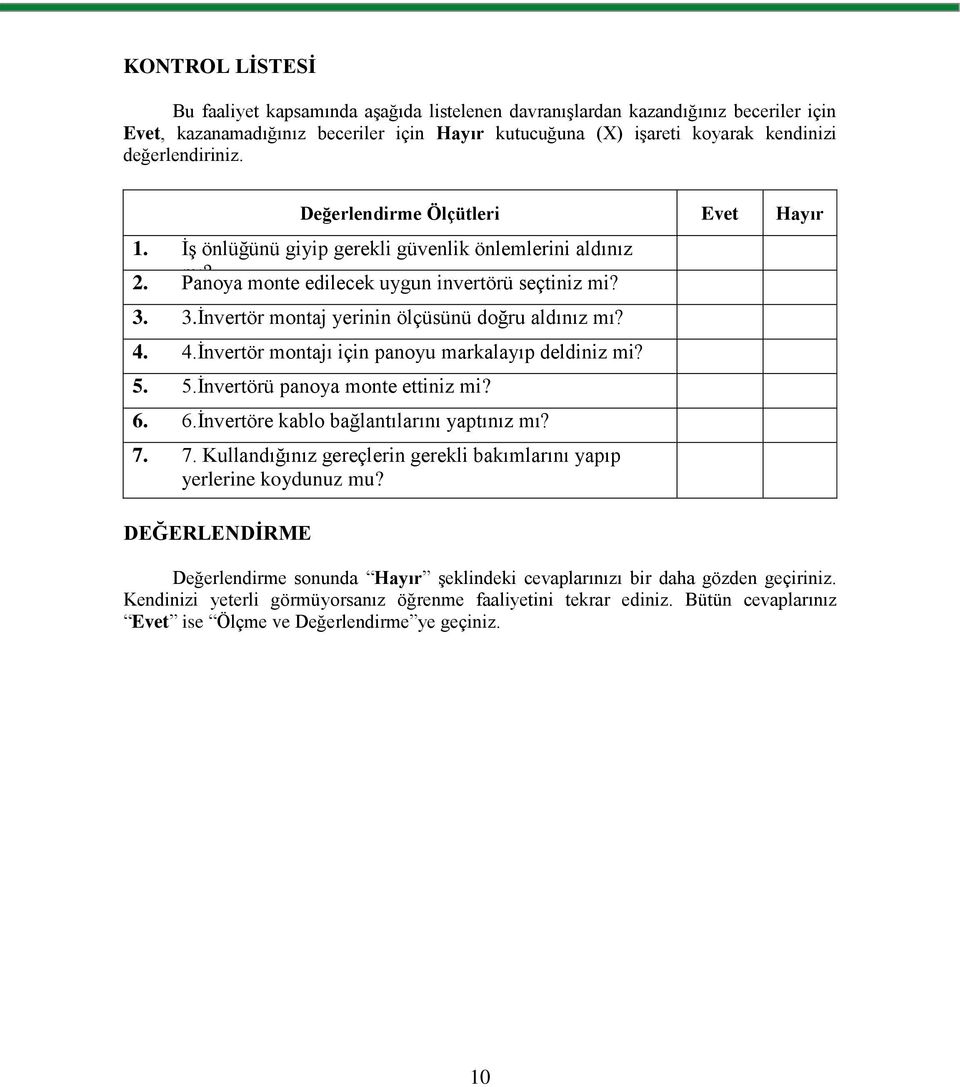 3.İnvertör montaj yerinin ölçüsünü doğru aldınız mı? 4. 4.İnvertör montajı için panoyu markalayıp deldiniz mi? 5. 5.İnvertörü panoya monte ettiniz mi? 6. 6.İnvertöre kablo bağlantılarını yaptınız mı?