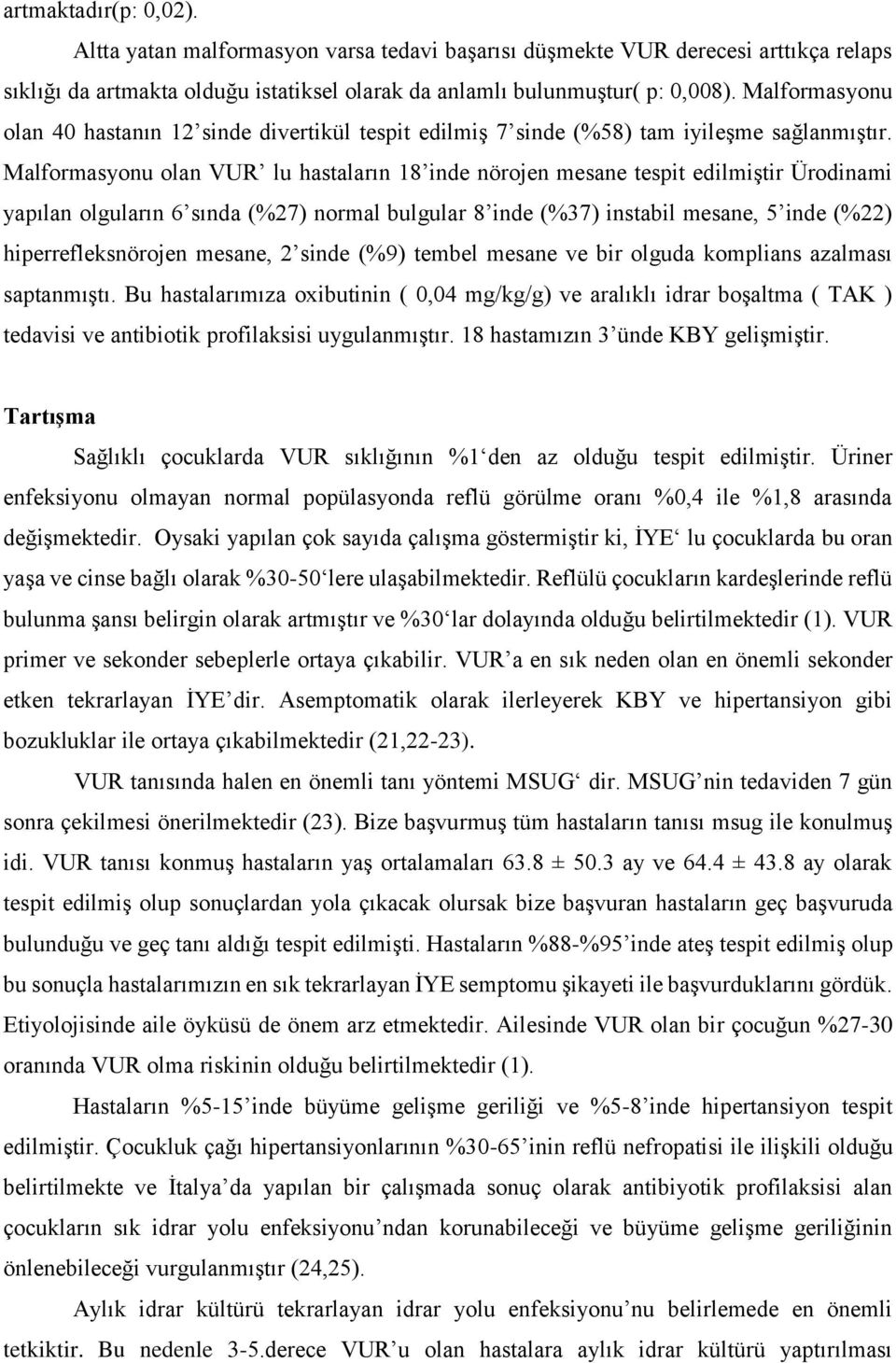 Malformasyonu olan VUR lu hastaların 18 inde nörojen mesane tespit edilmiştir Ürodinami yapılan olguların 6 sında (%27) normal bulgular 8 inde (%37) instabil mesane, 5 inde (%22) hiperrefleksnörojen