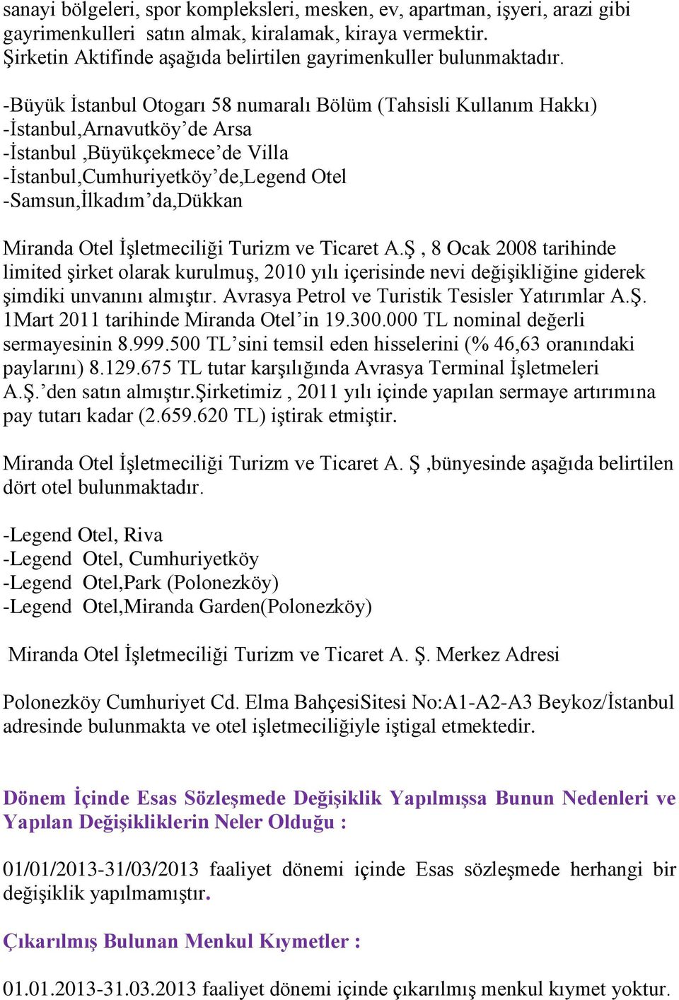 -Büyük İstanbul Otogarı 58 numaralı Bölüm (Tahsisli Kullanım Hakkı) -İstanbul,Arnavutköy de Arsa -İstanbul,Büyükçekmece de Villa -İstanbul,Cumhuriyetköy de,legend Otel -Samsun,İlkadım da,dükkan