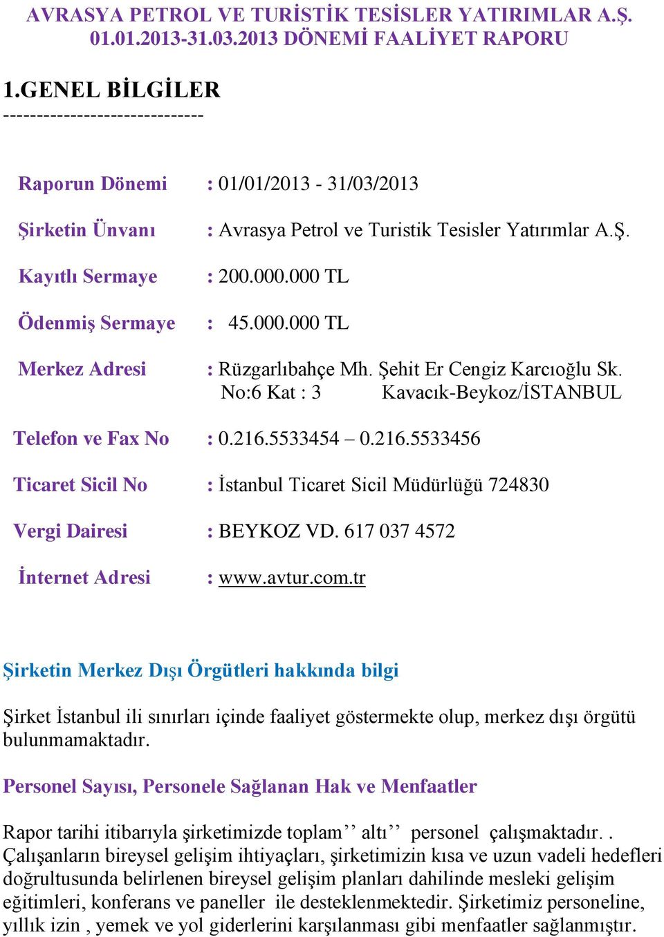 000.000 TL : 45.000.000 TL : Rüzgarlıbahçe Mh. Şehit Er Cengiz Karcıoğlu Sk. No:6 Kat : 3 Kavacık-Beykoz/İSTANBUL Telefon ve Fax No : 0.216.