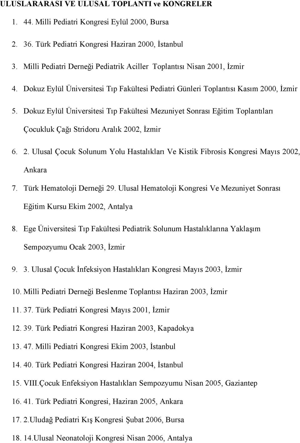 Dokuz Eylül Üniversitesi Tıp Fakültesi Mezuniyet Sonrası Eğitim Toplantıları Çocukluk Çağı Stridoru Aralık 2002, İzmir 6. 2. Ulusal Çocuk Solunum Yolu Hastalıkları Ve Kistik Fibrosis Kongresi Mayıs 2002, Ankara 7.