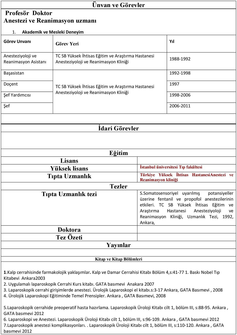 1992 1992 1998 Doçent TC SB Yüksek İhtisas Eğitim ve Araştırma Hastanesi 1997 Şef Yardımcısı Anesteziyoloji ve Reanimasyon Kliniği 1998 2006 Şef 2006 2011 İdari Görevler Lisans Yüksek lisans Tıpta