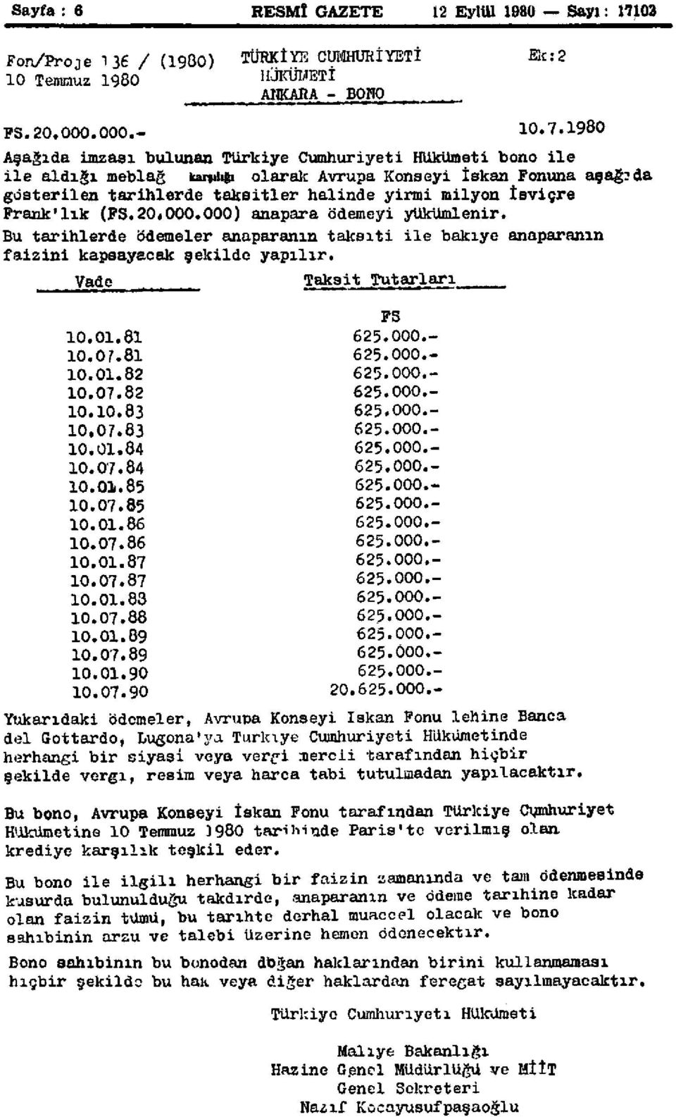 1980 Aşağıda imzası bulunan Türkiye Cumhuriyeti Hükümeti bono ile ile aldığı meblağ karşılığı olarak Avrupa Konseyi İskan Fonuna aşağıda gösterilen tarihlerde taksitler halinde yirmi milyon İsviçre