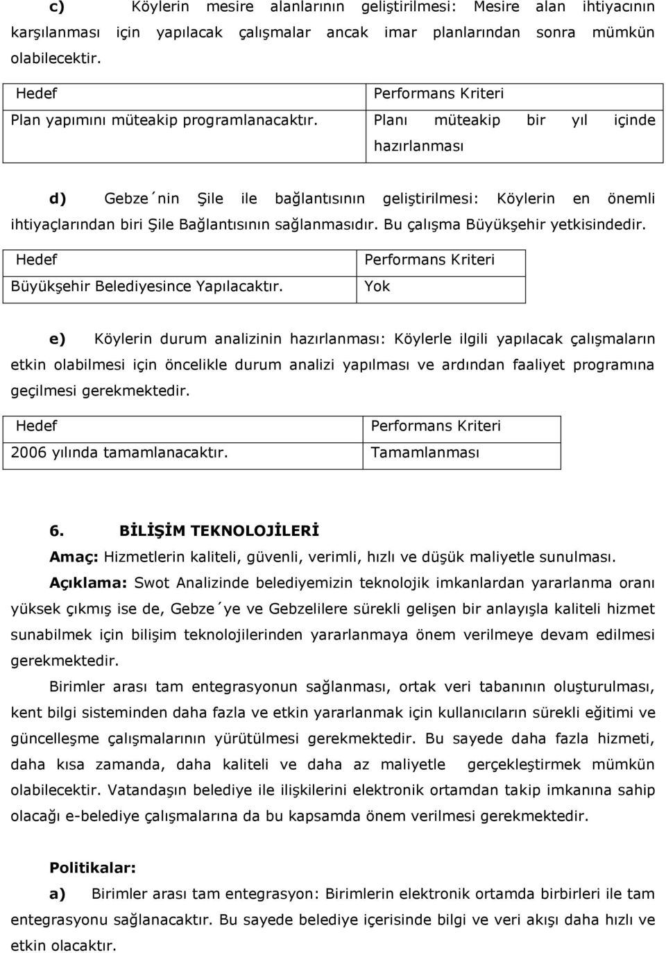 Planı müteakip bir yıl içinde hazırlanması d) Gebze nin Şile ile bağlantısının geliştirilmesi: Köylerin en önemli ihtiyaçlarından biri Şile Bağlantısının sağlanmasıdır.