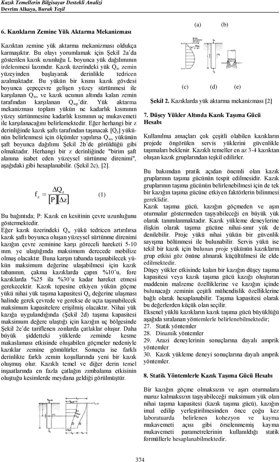 ürtünmei ile krşılnn Q w ve kzık ucunun ltınd kln zemin trfındn krşılnn Q w dir Yük ktrm meknizmı tolm yükün ne kdrlık kımının yüzey ürtünmeine kdrlık kımının uç mukvemeti ile krşılncğını