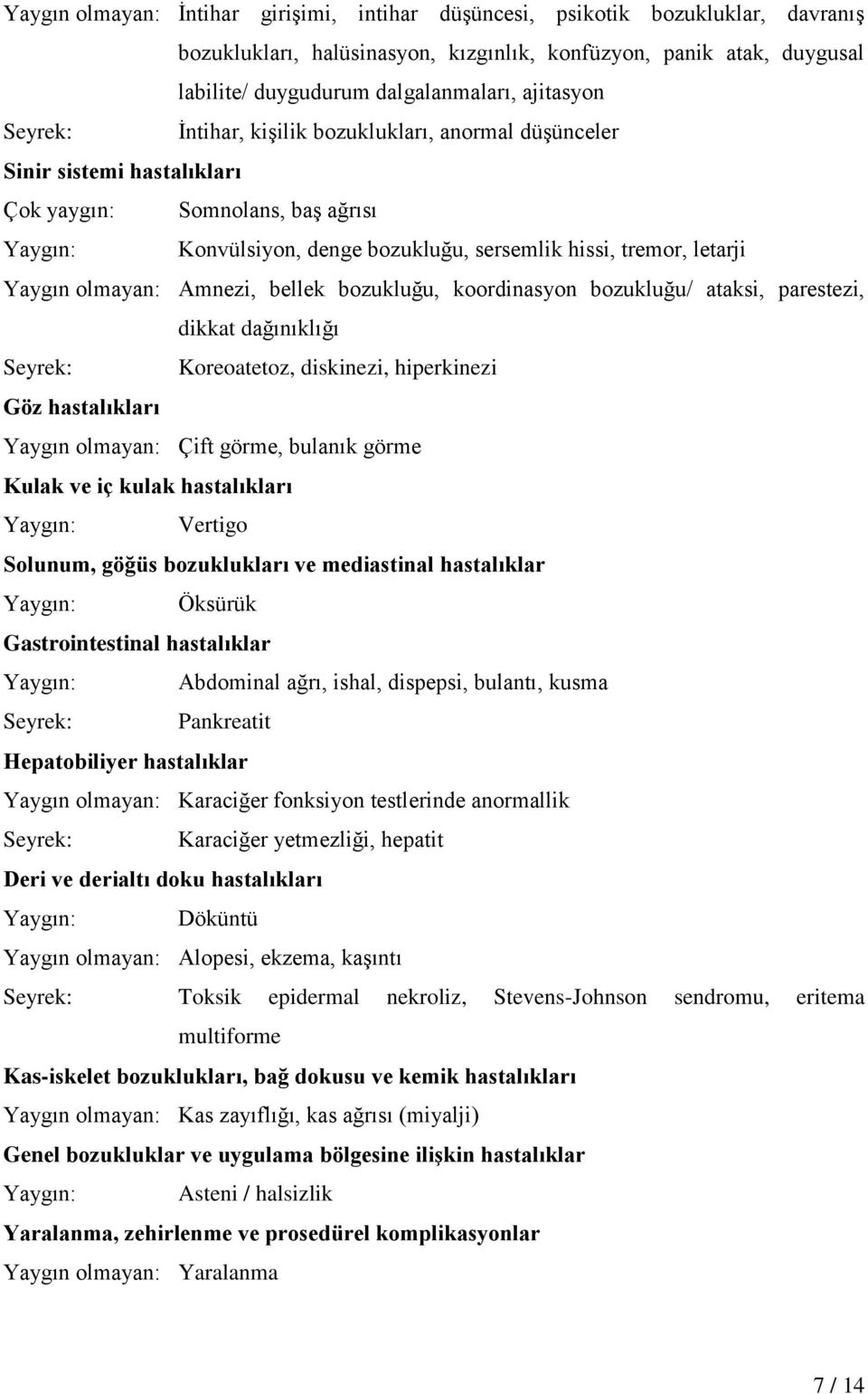 Yaygın olmayan: Amnezi, bellek bozukluğu, koordinasyon bozukluğu/ ataksi, parestezi, dikkat dağınıklığı Seyrek: Koreoatetoz, diskinezi, hiperkinezi Göz hastalıkları Yaygın olmayan: Çift görme,