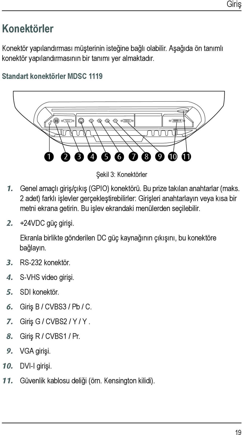 2 adet) farklı işlevler gerçekleştirebilirler: Girişleri anahtarlayın veya kısa bir metni ekrana getirin. Bu işlev ekrandaki menülerden seçilebilir. 2. +24VDC güç girişi.