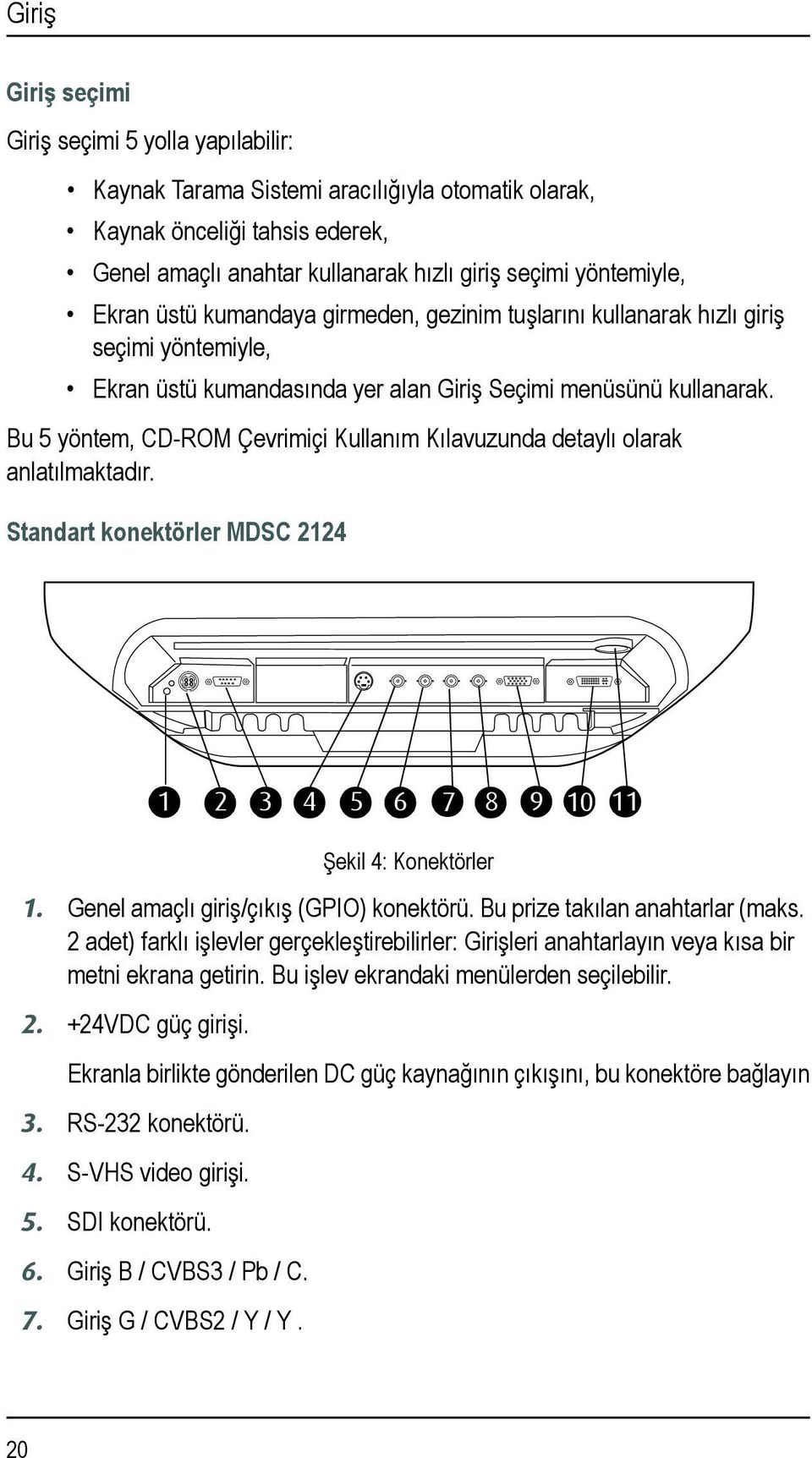 Bu 5 yöntem, CD-ROM Çevrimiçi Kullanım Kılavuzunda detaylı olarak anlatılmaktadır. Standart konektörler MDSC 2124 Şekil 4: Konektörler 1. Genel amaçlı giriş/çıkış (GPIO) konektörü.