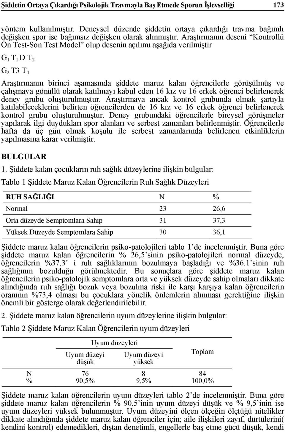 Araştırmanın deseni Kontrollü Ön Test-Son Test Model olup desenin açılımı aşağıda verilmiştir G 1 T 1 D T 2 G 2 T3 T 4 Araştırmanın birinci aşamasında şiddete maruz kalan öğrencilerle görüşülmüş ve