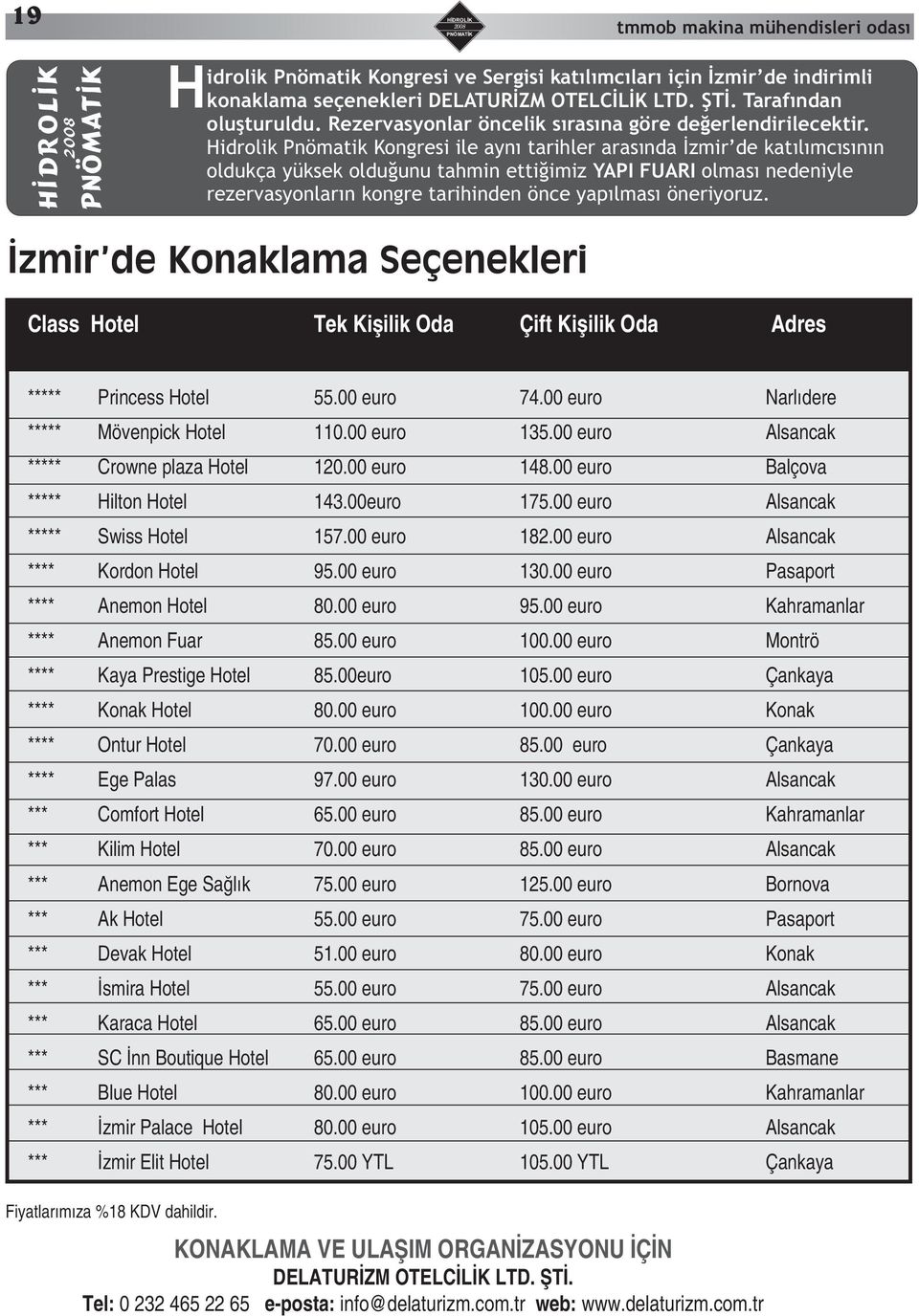 Hidrolik Pnömatik Kongresi ile aynı tarihler arasında İzmir de katılımcısının oldukça yüksek olduğunu tahmin ettiğimiz YAPI FUARI olması nedeniyle rezervasyonların kongre tarihinden önce yapılması