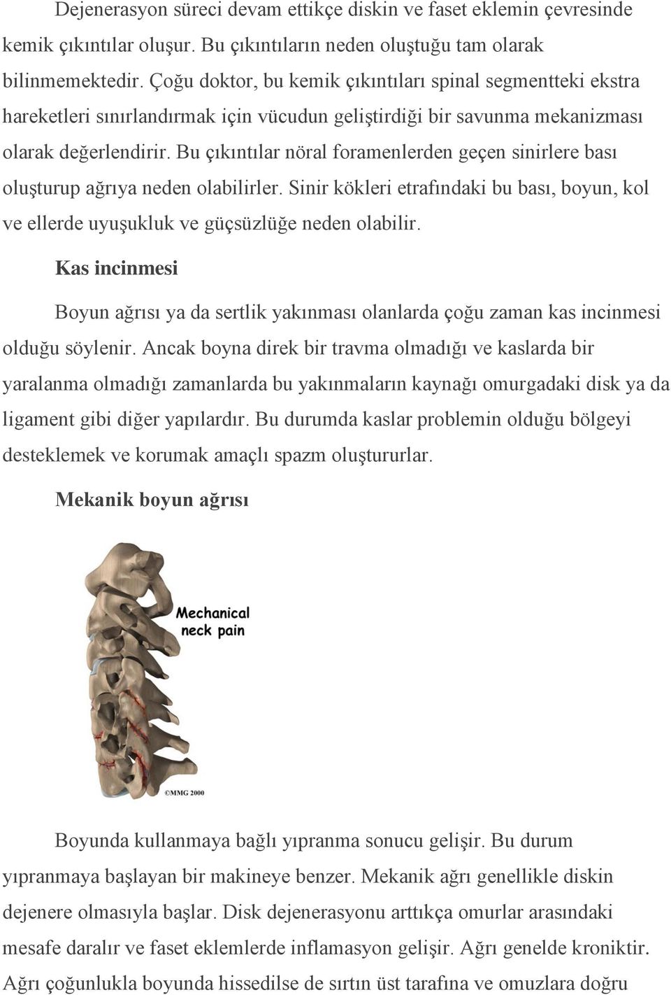 Bu çıkıntılar nöral foramenlerden geçen sinirlere bası oluşturup ağrıya neden olabilirler. Sinir kökleri etrafındaki bu bası, boyun, kol ve ellerde uyuşukluk ve güçsüzlüğe neden olabilir.