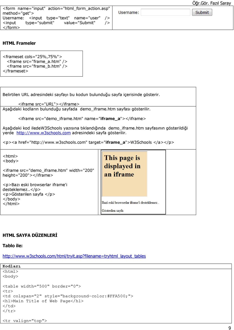 htm" /> </frameset> Belirtilen URL adresindeki sayfayı bu kodun bulunduğu sayfa içerisinde gösterir. <iframe src="url"></iframe> Aşağıdaki kodların bulunduğu sayfada demo_iframe.