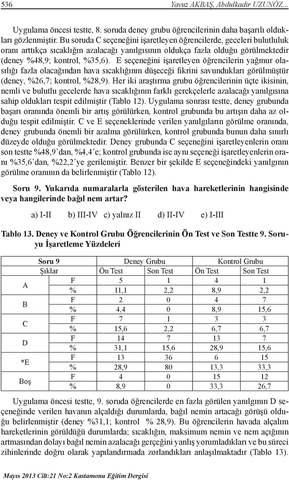 E seçeneğini işaretleyen öğrencilerin yağmur olasılığı fazla olacağından hava sıcaklığının düşeceği fikrini savundukları görülmüştür (deney, %26,7; kontrol, %28,9).