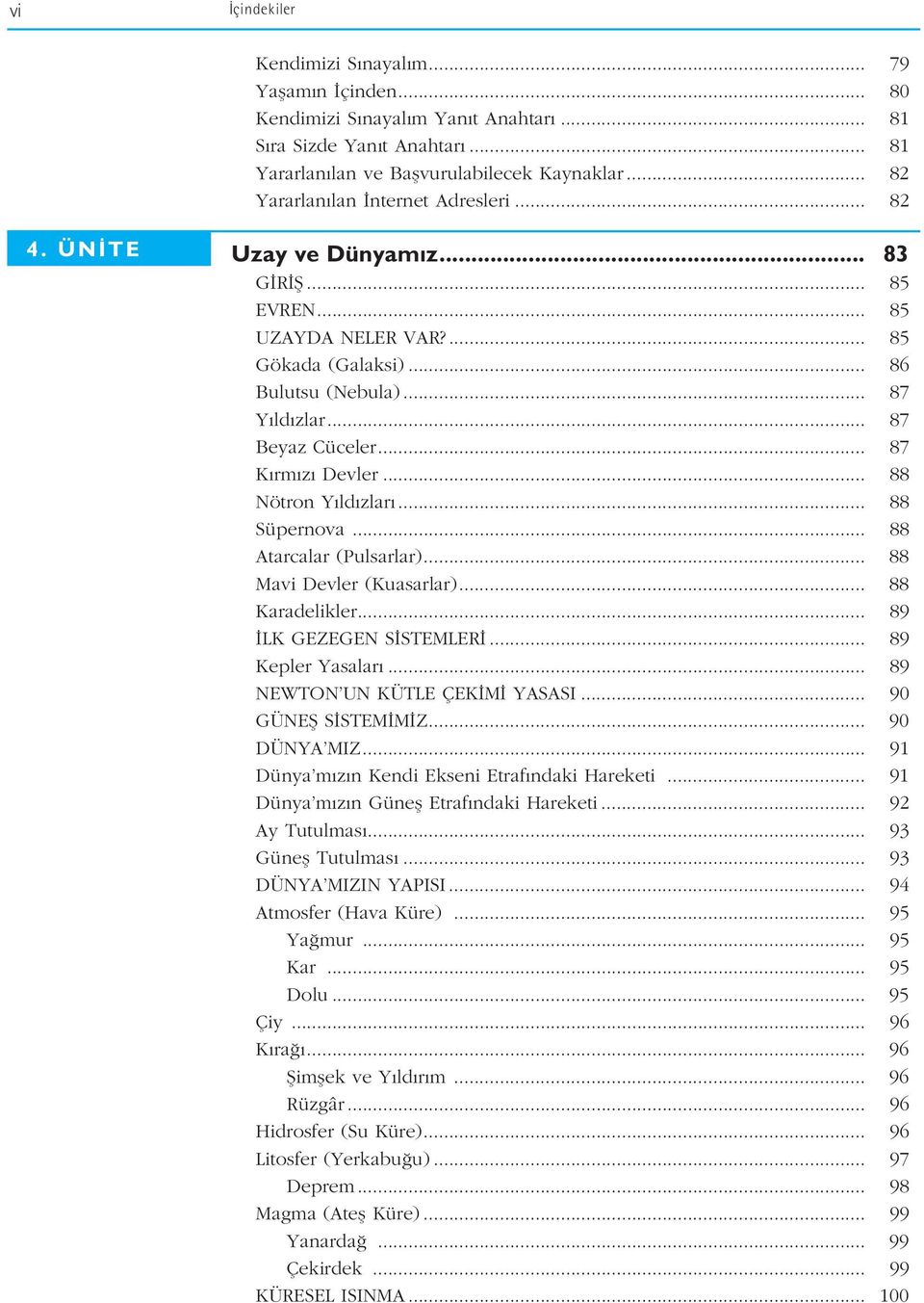 .. 87 K rm z Devler... 88 Nötron Y ld zlar... 88 Süpernova... 88 Atarcalar (Pulsarlar)... 88 Mavi Devler (Kuasarlar)... 88 Karadelikler... 89 LK GEZEGEN S STEMLER... 89 Kepler Yasalar.