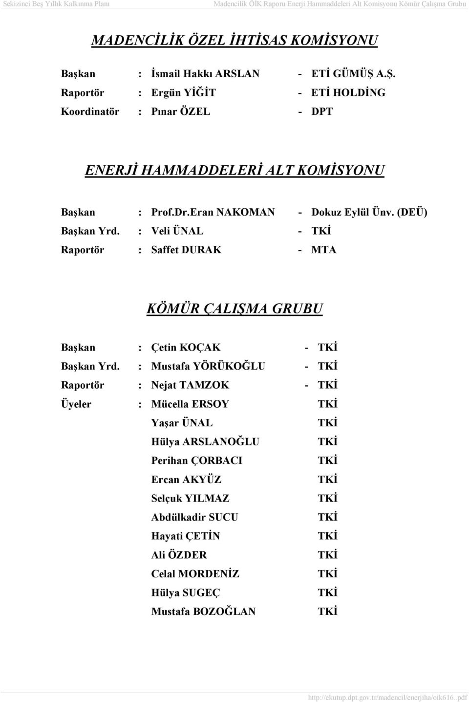 (DEÜ) Başkan Yrd. : Veli ÜNAL - TKİ Raportör : Saffet DURAK - MTA KÖMÜR ÇALIŞMA GRUBU Başkan : Çetin KOÇAK - TKİ Başkan Yrd.