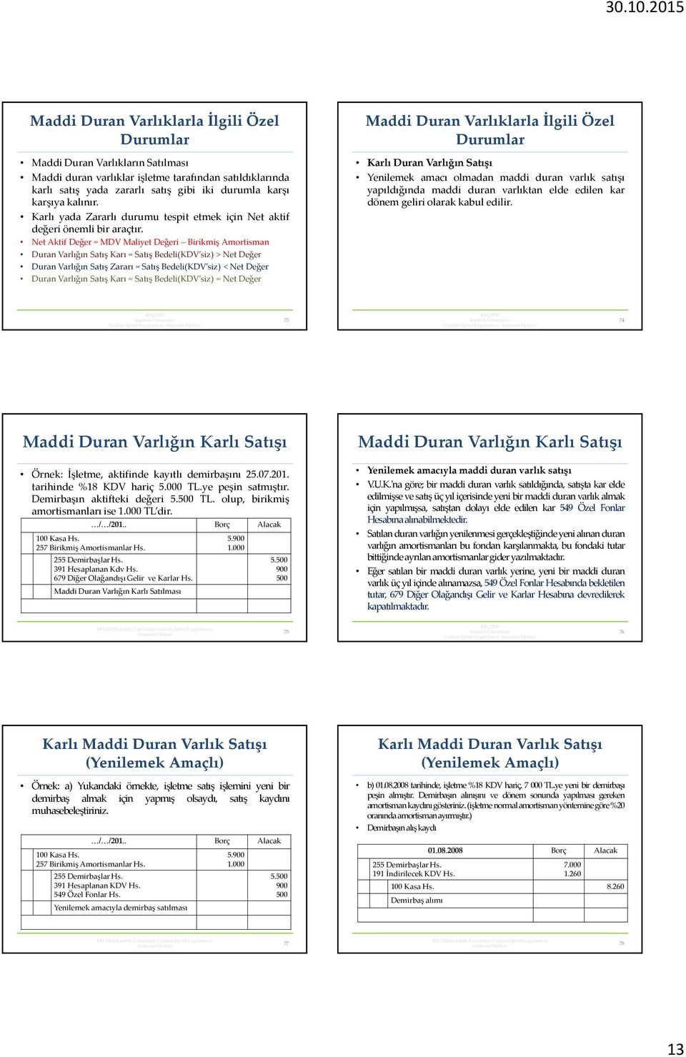 Net Aktif Değer = MDV Maliyet Değeri Birikmiş Amortisman Duran Varlığın Satış Karı = Satış Bedeli(KDV siz) > Net Değer Duran Varlığın Satış Zararı = Satış Bedeli(KDV siz) < Net Değer Duran Varlığın