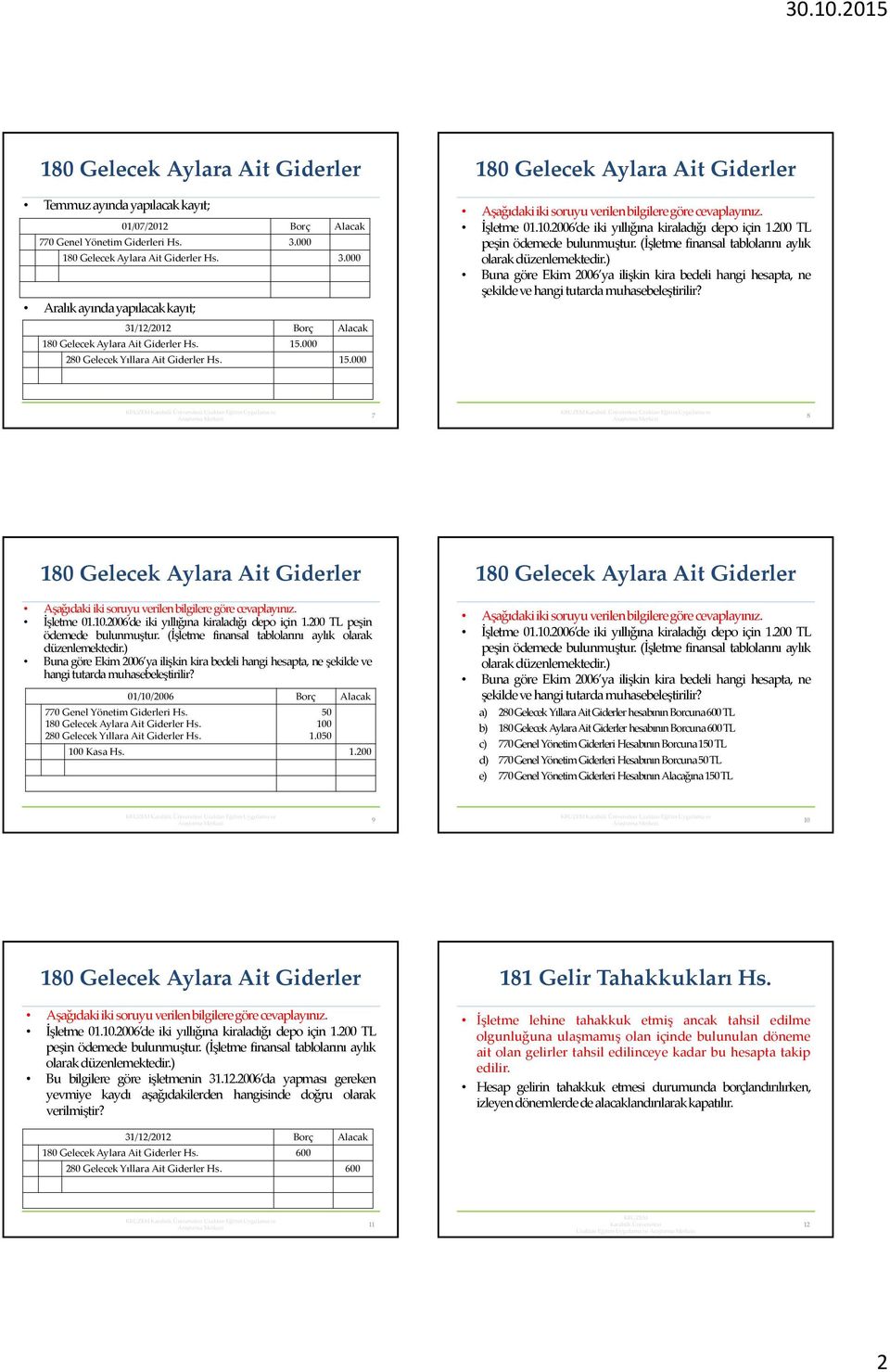 000 280 Gelecek Yıllara Ait Giderler Hs. 15.000 180 Gelecek Aylara Ait Giderler Aşağıdakiikisoruyuverilenbilgileregöre cevaplayınız. İşletme 01.10.2006 de iki yıllığına kiraladığı depo için 1.