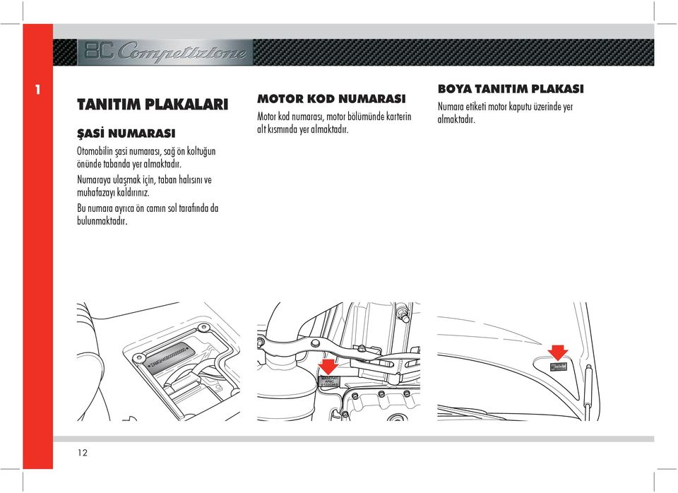 BOYA TANITIM PLAKASI Numara etiketi motor kaputu üzerinde yer almaktadır.