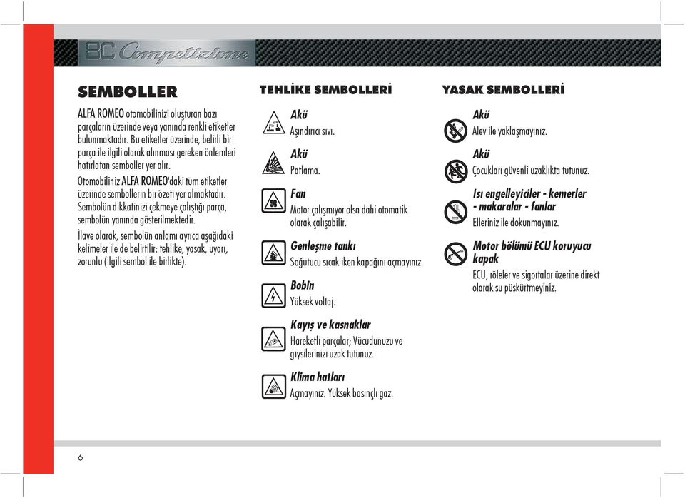 Otomobiliniz ALFA ROMEO'daki tüm etiketler üzerinde sembollerin bir özeti yer almaktadır. Sembolün dikkatinizi çekmeye çalıştığı parça, sembolün yanında gösterilmektedir.