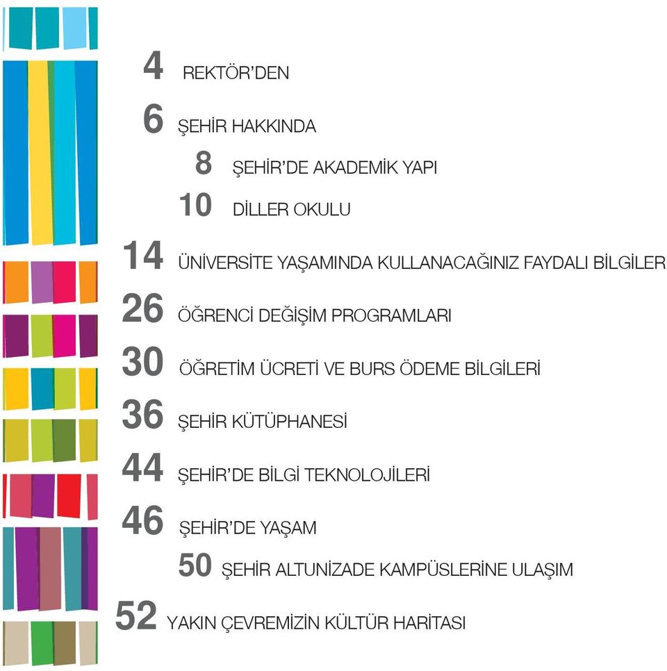 ÜCRETİ VE BURS ÖDEME BİLGİLERİ 36 ŞEHİR KÜTÜPHANESİ 44 ŞEHİR DE BİLGİ TEKNOLOJİLERİ 46