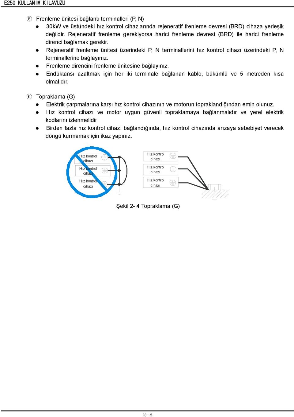 Rejeneratif frenleme ünitesi üzerindeki P, N terminallerini hız kontrol cihazı üzerindeki P, N terminallerine bağlayınız. Frenleme direncini frenleme ünitesine bağlayınız.