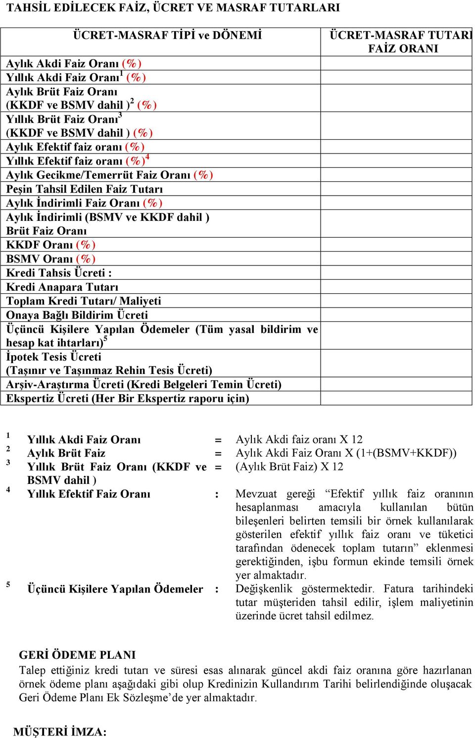 Aylık İndirimli (BSMV ve KKDF dahil ) Brüt Faiz Oranı KKDF Oranı (%) BSMV Oranı (%) Kredi Tahsis Ücreti : Kredi Anapara Tutarı Toplam Kredi Tutarı/ Maliyeti Onaya Bağlı Bildirim Ücreti Üçüncü