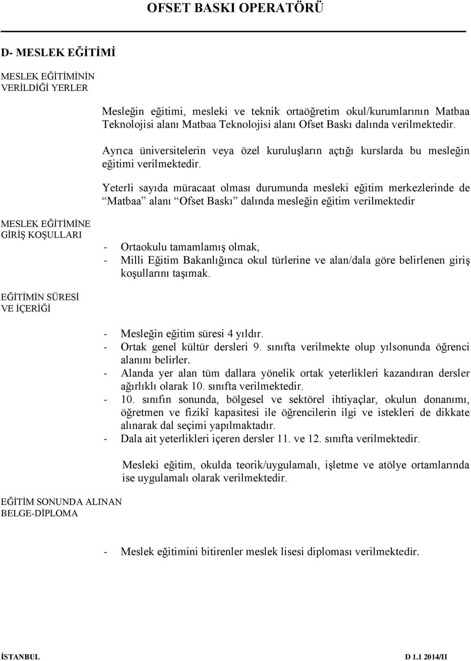 Yeterli sayıda müracaat olması durumunda mesleki eğitim merkezlerinde de Matbaa alanı Ofset Baskı dalında mesleğin eğitim verilmektedir MESLEK EĞİTİMİNE GİRİŞ KOŞULLARI - Ortaokulu tamamlamış olmak,